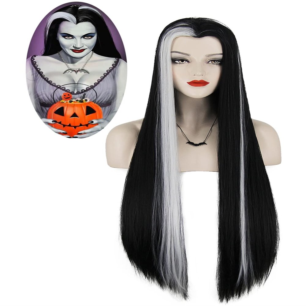 Mildiso Lily Munster Long Wigs for Munster Costume - Black, White Hair with Cap - Halloween M086BW