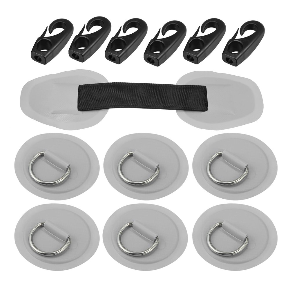 X AUTOHAUX 6pcs 8cm Gray D Ring Patch PVC Stainless Steel Round Shape D Ring Pad Set for Inflatable Boat Kayak Canoe Deck with Hooks Handle