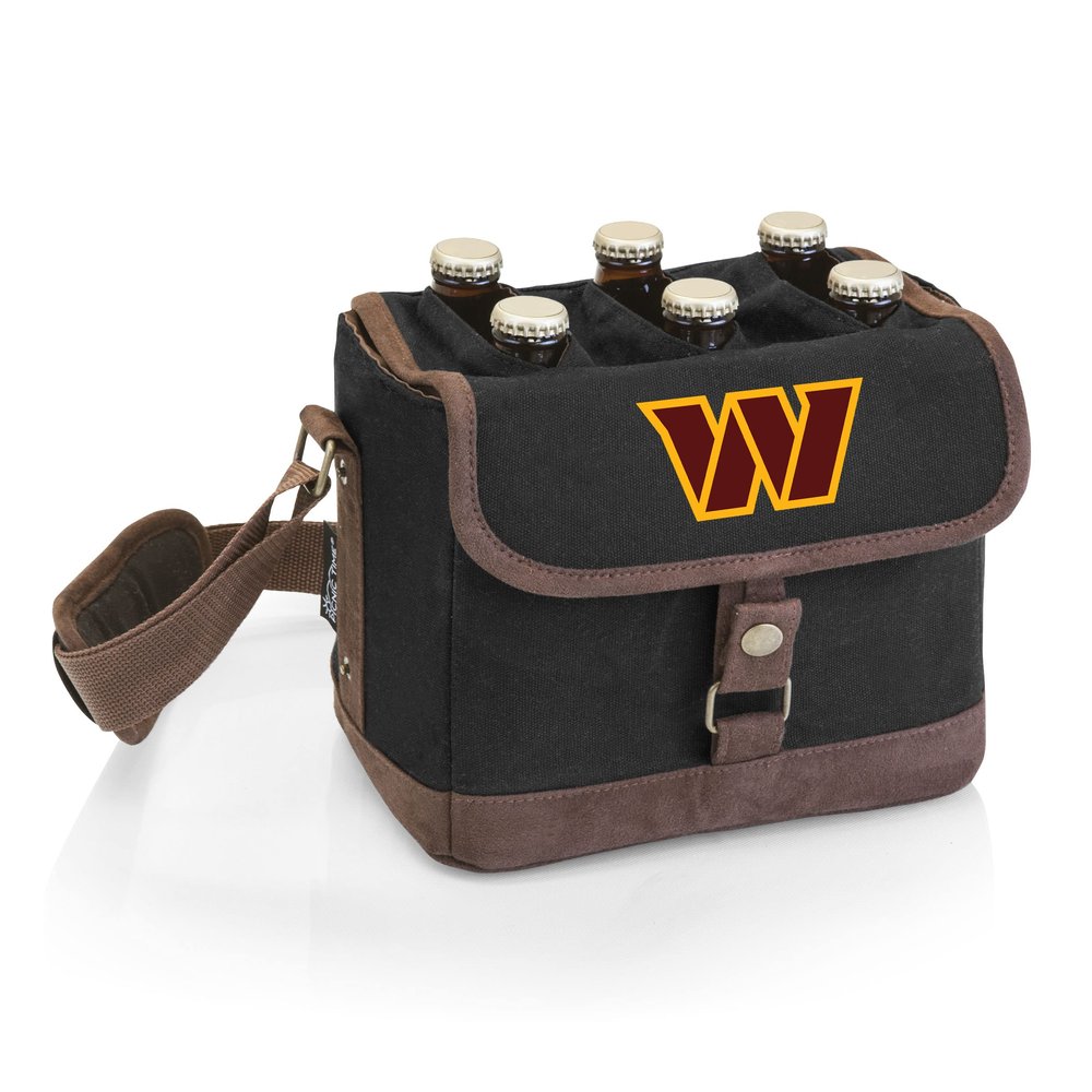 PICNIC TIME NFL Washington Commanders Beer Caddy, Beer Cooler Tote with Opener, 6-Pack Cooler, Gifts for Beer Lovers, (Black with Brown Accents)