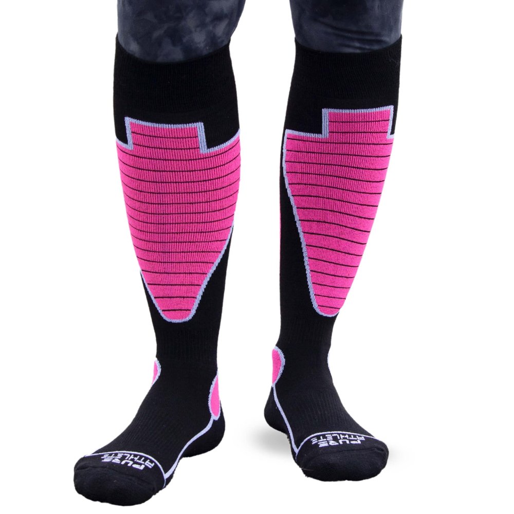 Pure Athlete Merino Wool Midweight Ski Socks - Warmest Winter Thermal Sock for Men Women Skiing Snowboarding Hiking Hunting (S, Black/Neon Pink)