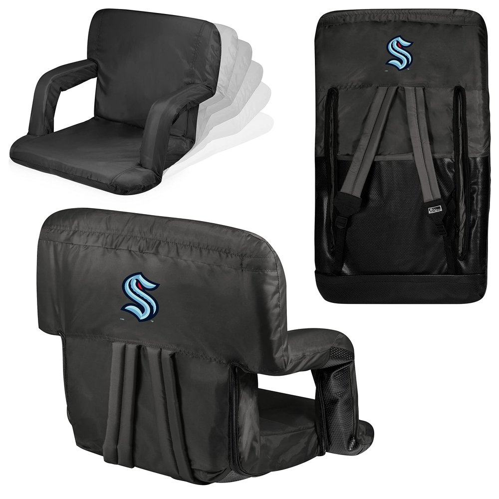 PICNIC TIME NHL Seattle Kraken Ventura Reclining Stadium Seat with Back Support, Bleacher Seat, Beach Floor Chair, (Black)