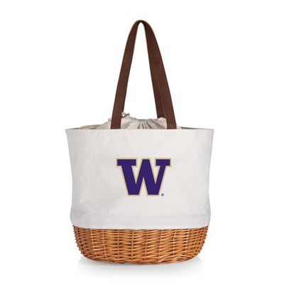 PICNIC TIME NCAA Washington Huskies Coronado Canvas and Willow Basket Tote, Picnic Tote Bag, Beach Tote, (Beige Canvas)