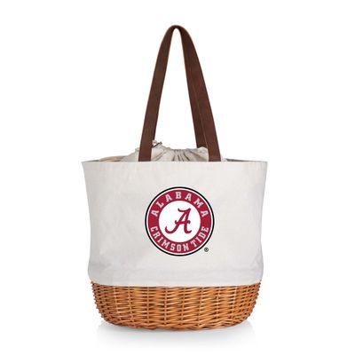 PICNIC TIME NCAA Alabama Crimson Tide Coronado Canvas and Willow Basket Tote, Picnic Tote Bag, Beach Tote, (Beige Canvas)