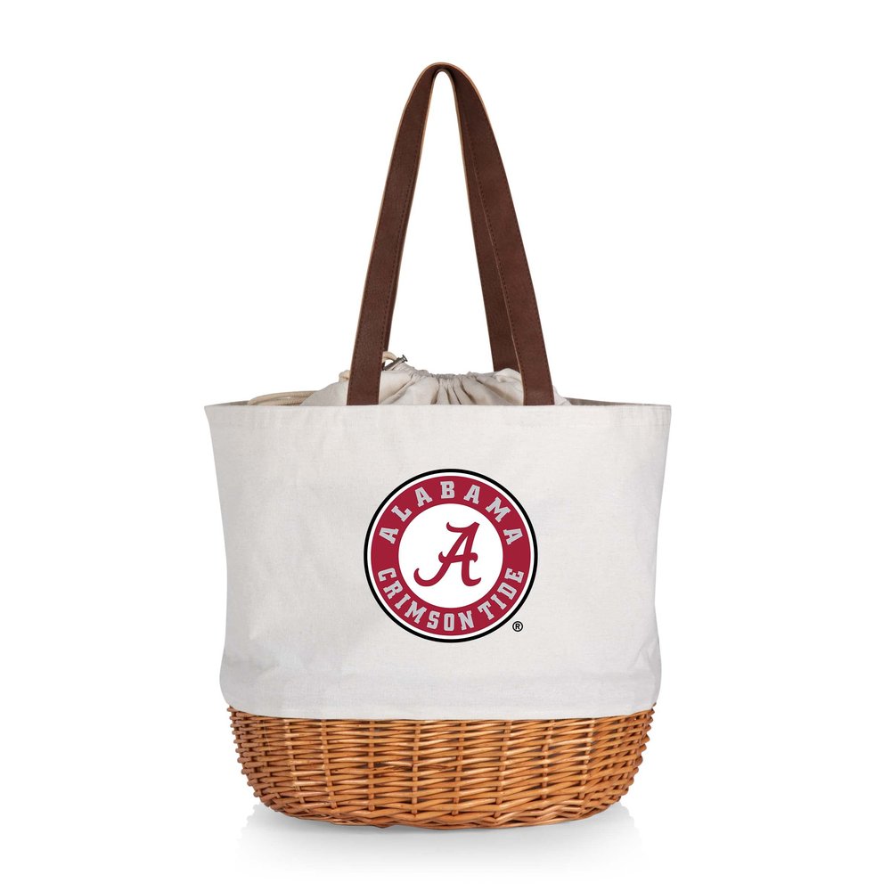 PICNIC TIME NCAA Alabama Crimson Tide Coronado Canvas and Willow Basket Tote, Picnic Tote Bag, Beach Tote, (Beige Canvas)