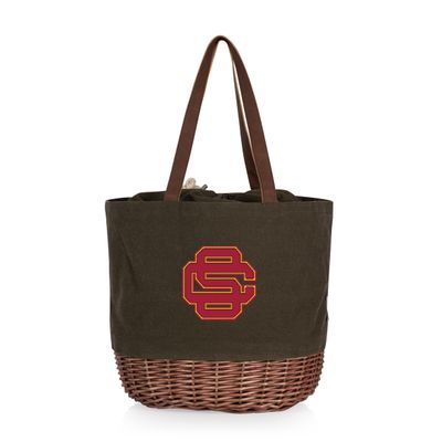 PICNIC TIME NCAA USC Trojans Coronado Canvas and Willow Basket Tote, Picnic Tote Bag, Beach Tote, (Khaki Green with Beige Accents)