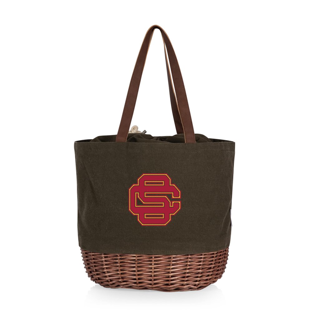 PICNIC TIME NCAA USC Trojans Coronado Canvas and Willow Basket Tote, Picnic Tote Bag, Beach Tote, (Khaki Green with Beige Accents)