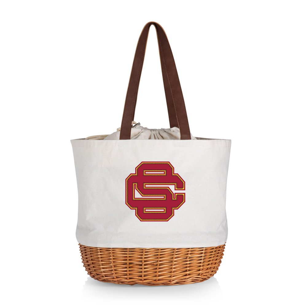 PICNIC TIME NCAA USC Trojans Alternate Coronado Canvas and Willow Basket Tote, Picnic Tote Bag, Beach Tote, (Beige Canvas)