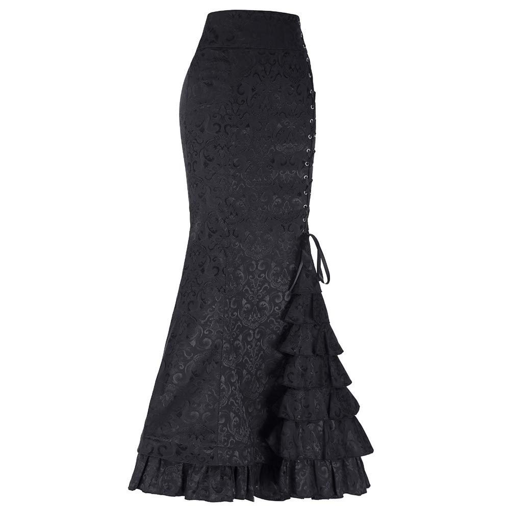Fishtail Ruffle Skirt Mermaid Style Skirt Retro Women Vintage Long Punk Bodycon Skirt Denim Overall Skirt (Black, XXL)