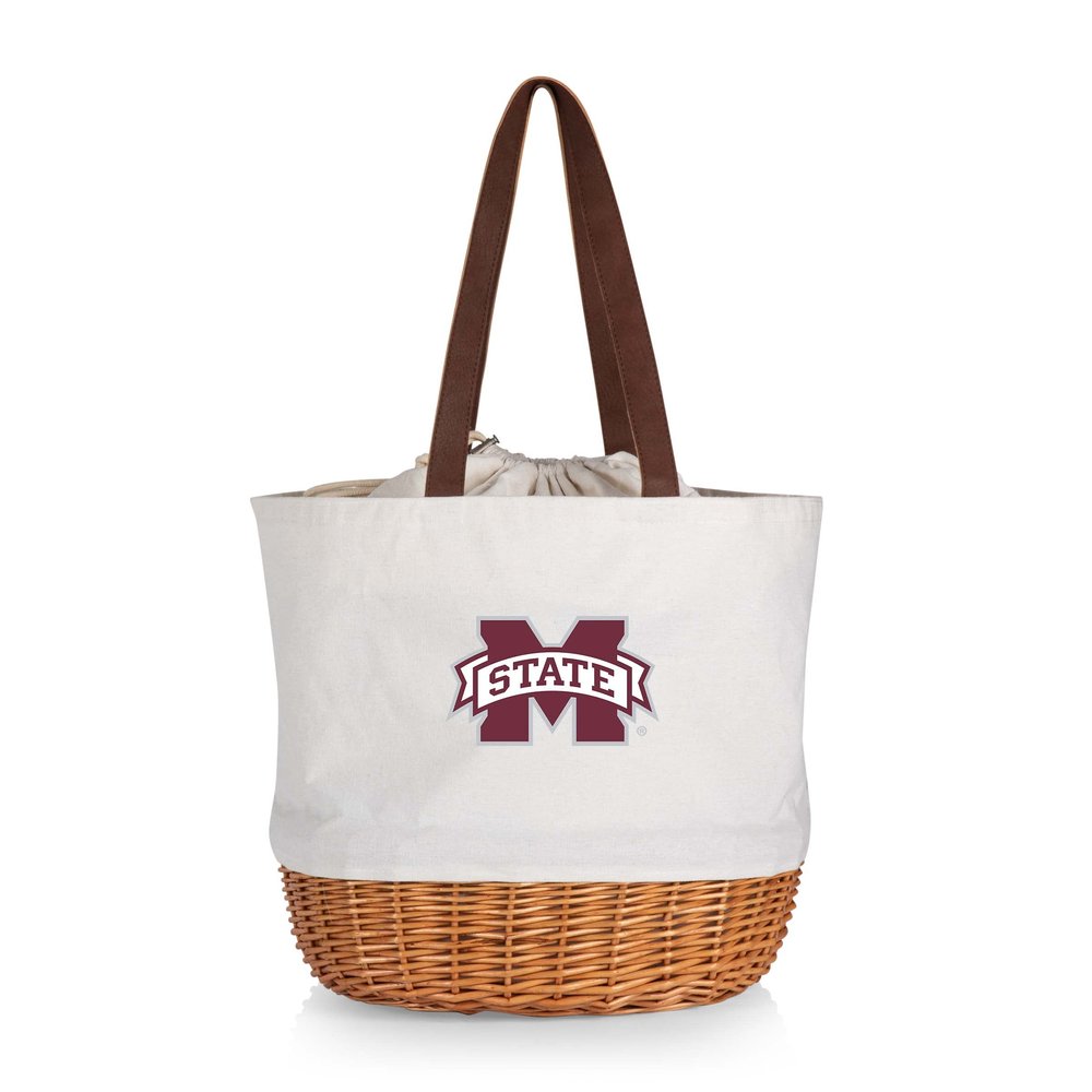 PICNIC TIME NCAA Mississippi State Bulldogs Coronado Canvas and Willow Basket Tote, Picnic Tote Bag, Beach Tote, (Beige Canvas)