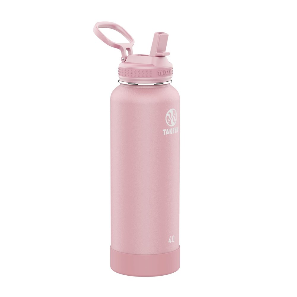 Takeya Actives Water Bottle with Straw Lid - Durable & Easy-Care Water Bottle with Stainless Steel Insulation - BPA-Free Lid with Carry Handle & Straw - Dishwasher-Safe - 40 oz, Blush