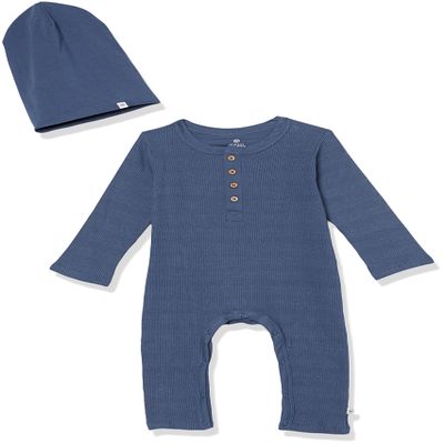 HonestBaby Boys 2-Piece Organic Cotton Long Sleeve Rib Coverall and Beanie set, Navy, 24 Months