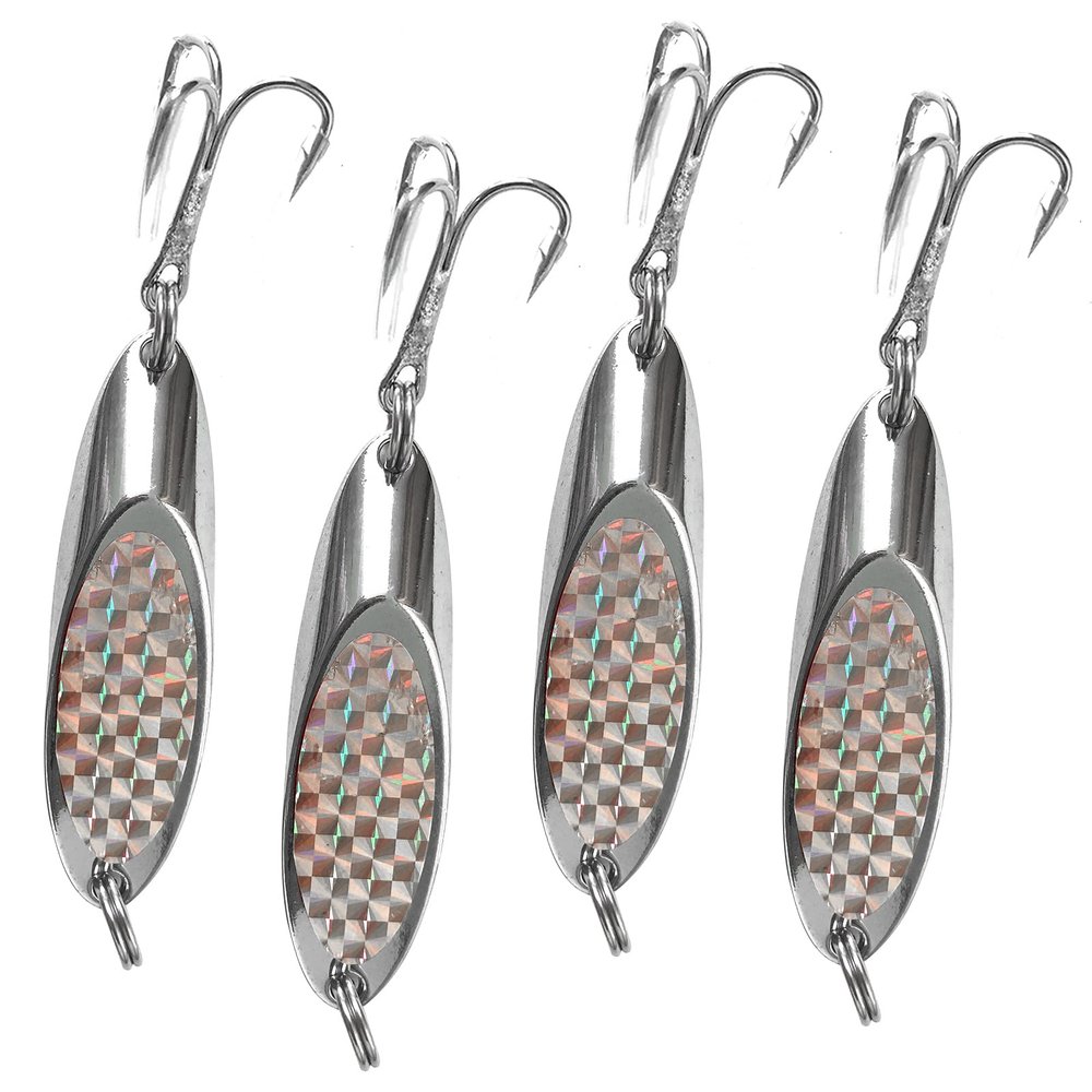 Qty 4 Fish WOW! 3oz Fishing Kast Spoon with a Treble Hook Fish Chrome Jig Bait Lures Holographic Laser Silver Tape Kast Master Style Champ Spoons
