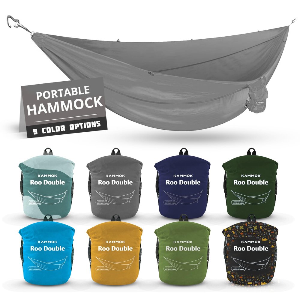 KAMMOK: Roo Double XL Hammock | Made from Strong & 100% Recycled Water Resistant Ripstop Fabric | Comfortable, Packable, Lightweight (Lifetime Adventure Grade Warranty), Granite Gray