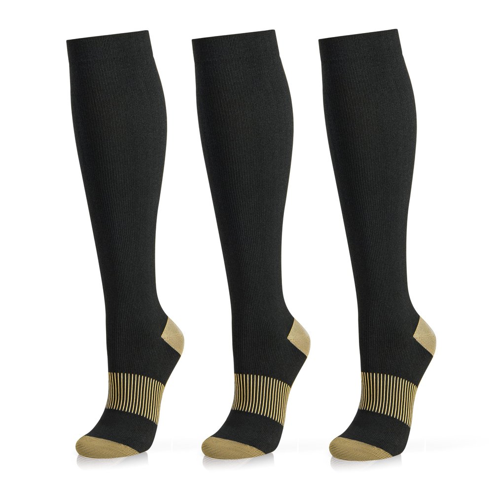 Medical Compression Socks for Women and Men 3 Pairs 20-30 mmHg Knee High Christmas Compression Stockings Circulation Best for Running Athletic Nurses (05 Black Copper 3 Pack, Large-X-Large)