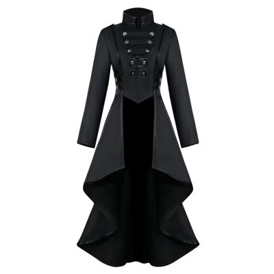 tuduoms Women's Medieval Steampunk Tailcoat Victorian Gothic Jacket Frock Coat Vintage Retro Pirate Renaissance Goth Costumes Black