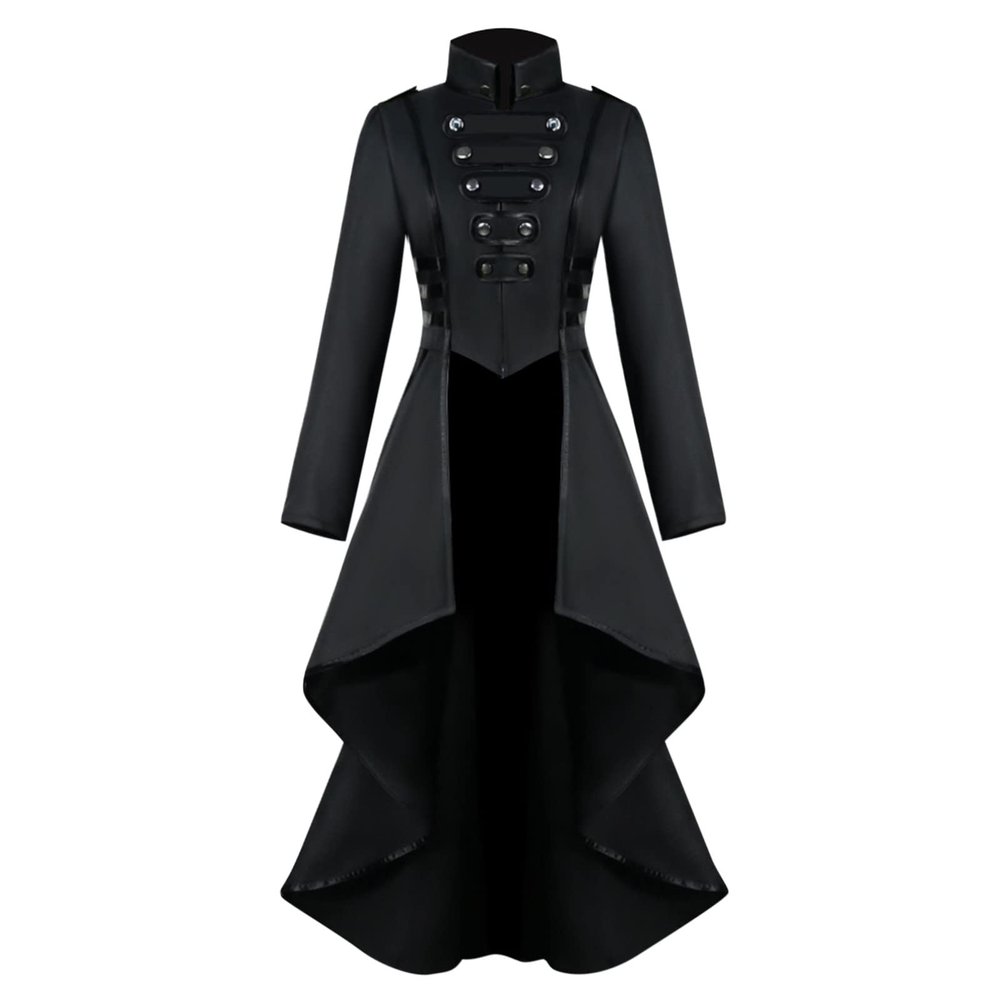 tuduoms Women's Medieval Steampunk Tailcoat Victorian Gothic Jacket Frock Coat Vintage Retro Pirate Renaissance Goth Costumes Black