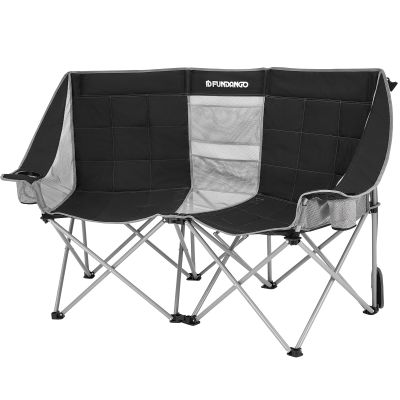 FUNDANGO Oversized Double Camping Chair, 660lbs Heavy Duty 2 Person Folding Padded Loveseat for Adults with Arm Cup Holder for Outdoor Patio Lawn Camp with Carry Bag (Black/Grey)