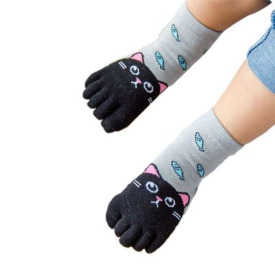 LXXIASHI 1 Pair Toddler Kids Five Finger Toe Socks Unisex Baby Cartoon Animal Ribbed Knit Non-Slip Socks 3-12 Years (Black Kitten, 7-12 Years)