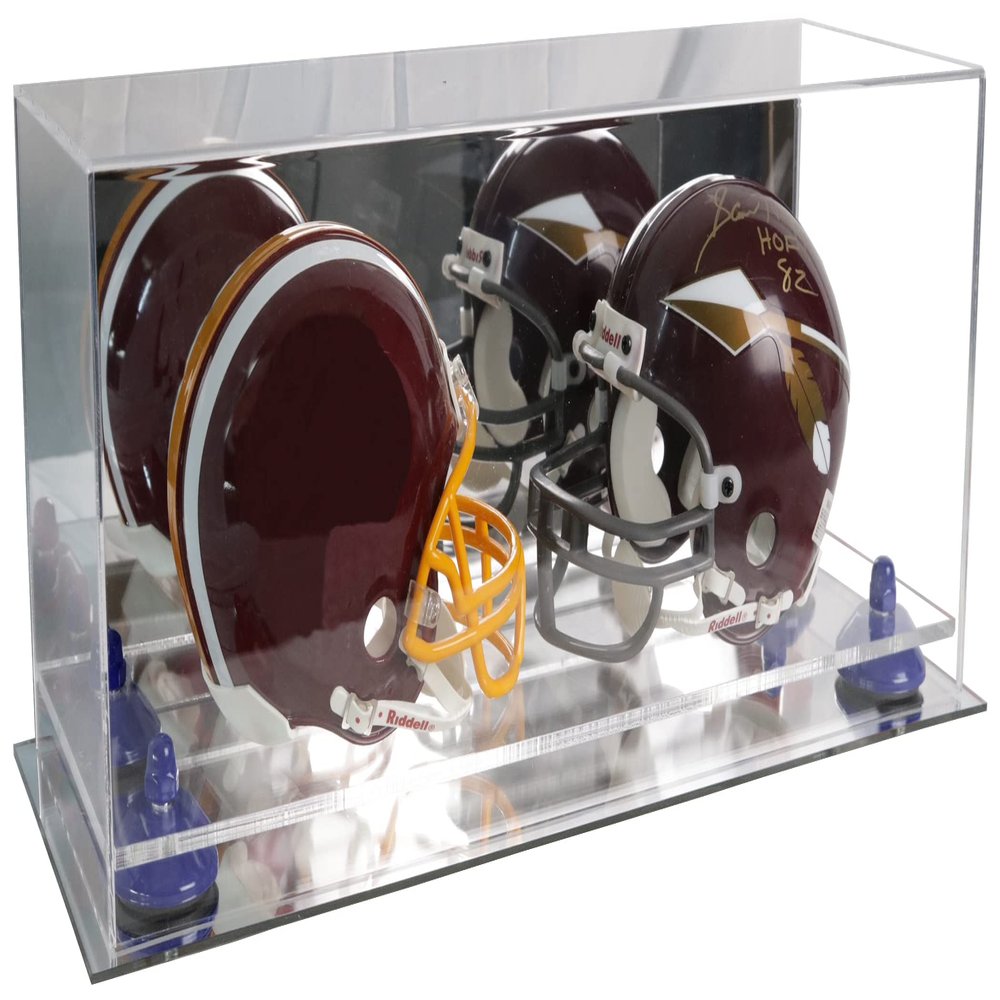 Better Display Cases Acrylic 2 Mini Football Helmet (not Full Size) Display Case with Mirror Case, Navy Blue Risers and Mirror Base (V46/A019)