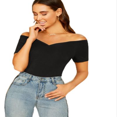 Off-The-Shoulder Form-Fitting Top Women's Summer Short Sleeve T-Shirt (Color : Black, Size : S)