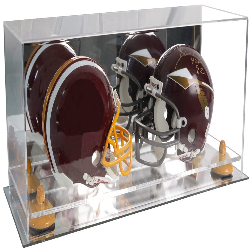 Better Display Cases Acrylic 2 Mini Football Helmet (not Full Size) Display Case with Mirror Case, Yellow Risers and Mirror Base (V46/A019)