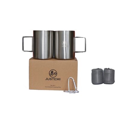 JUSTEMI Stainless Steel Camping Coffee Mugs Set of 2,Insulated Camping Cup with Foldable Handle & Mesh Bag,Double Walled Metal Backpacking Cup for Outdoor Hiking14oz