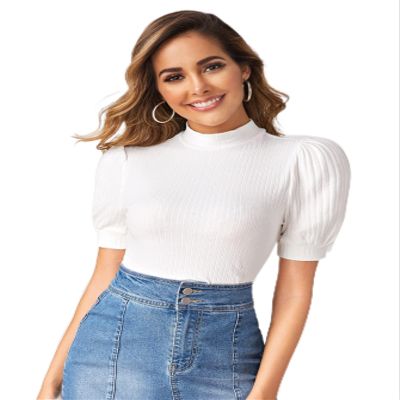 BENIN Mock-Neck Puff Sleeve Rib-Knit Top Women's Summer Short Sleeve T-Shirt (Color : White, Size : M)