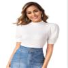 BENIN Mock-Neck Puff Sleeve Rib-Knit Top Women's Summer Short Sleeve T-Shirt (Color : White, Size : M) view 1