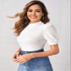 BENIN Mock-Neck Puff Sleeve Rib-Knit Top Women's Summer Short Sleeve T-Shirt (Color : White, Size : M) view 4
