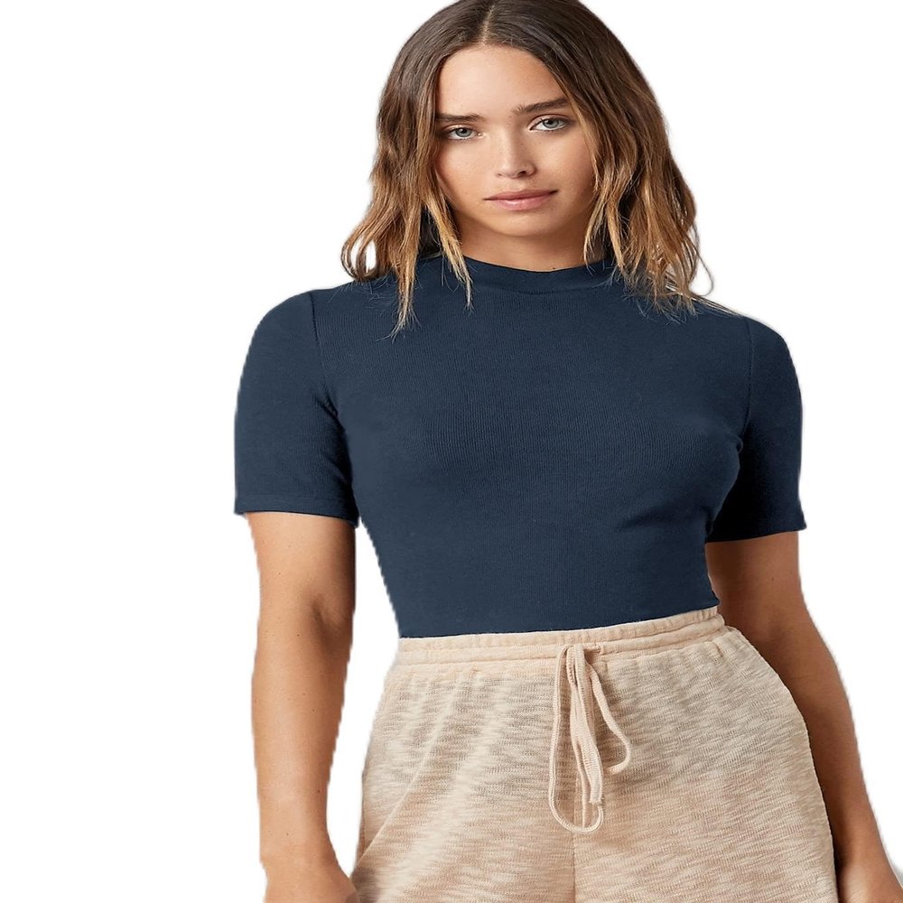 Basics Mock Neck Solid Rib-Knit Tee Women's Summer Short Sleeve T-Shirt (Color : Navy Blue, Size : S)