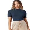 Basics Mock Neck Solid Rib-Knit Tee Women's Summer Short Sleeve T-Shirt (Color : Navy Blue, Size : S) view 1