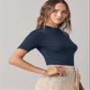 Basics Mock Neck Solid Rib-Knit Tee Women's Summer Short Sleeve T-Shirt (Color : Navy Blue, Size : S) view 3