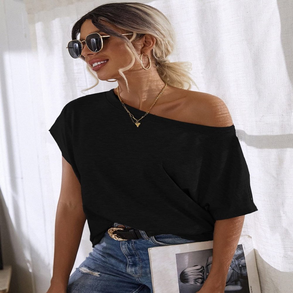 Batwing Sleeve Solid Tee Women's Summer Short Sleeve T-Shirt (Color : Black, Size : S)