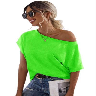 BENIN Neon Lime Batwing Sleeve Solid Tee Women's Summer Short Sleeve T-Shirt (Color : Lime Green, Size : M)
