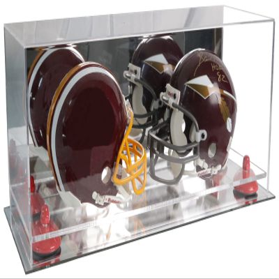 Better Display Cases Acrylic 2 Mini Football Helmet (not Full Size) Display Case with Mirror Case, Red Risers and Mirror Base (V46/A019)