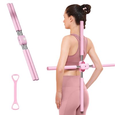 QWERTYUI Posture Corrector, Yoga Sticks Stretching Tool, Humpback Correction Stick Yoga Open Back, Retractable Design Posture Trainer Corrector Fitness for Adult and Child,Pink