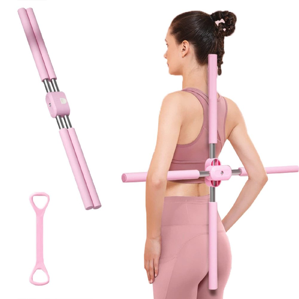 QWERTYUI Posture Corrector, Yoga Sticks Stretching Tool, Humpback Correction Stick Yoga Open Back, Retractable Design Posture Trainer Corrector Fitness for Adult and Child,Pink