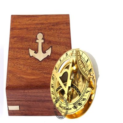 Brass Sundial Compass for Navigation for Outdoor Activities Camping Hiking 2.5 inch with Wood Box