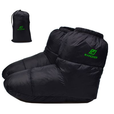 RANDDER Down Booties Warm Socks for Men & Women - Ultralight Sleeping Sock for Camp, Backpacking - Soft & Cozy Camping Sleeping Bag Tent Down Slippers Foot Warmer(Black/Medium)