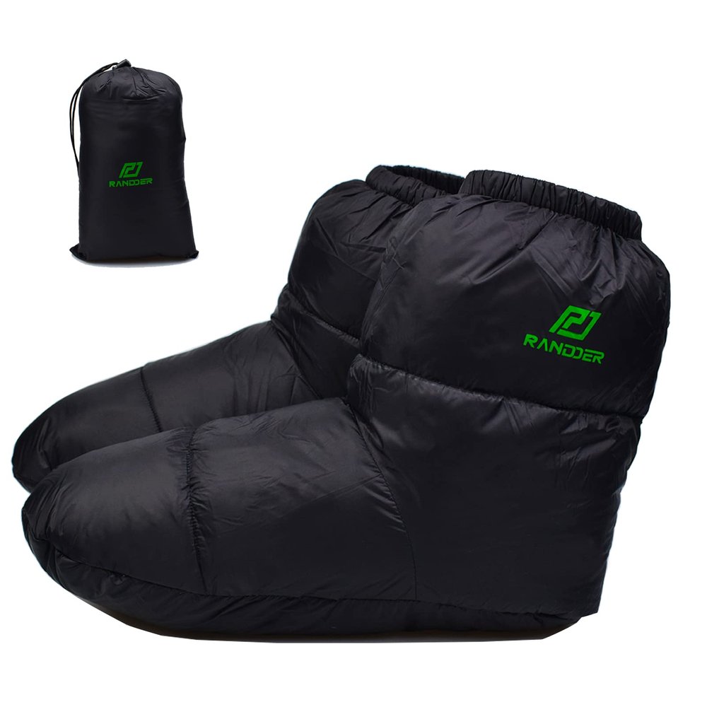 RANDDER Down Booties Warm Socks for Men & Women - Ultralight Sleeping Sock for Camp, Backpacking - Soft & Cozy Camping Sleeping Bag Tent Down Slippers Foot Warmer(Black/Medium)