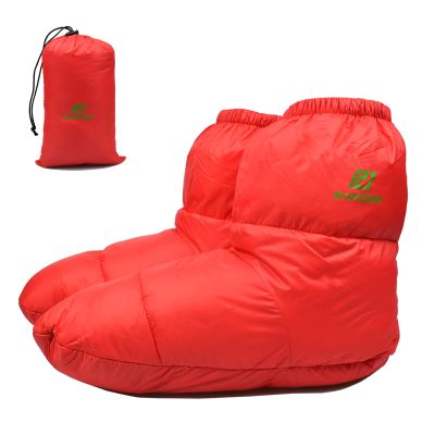 RANDDER Down Booties Warm Socks for Men & Women - Ultralight Sleeping Sock for Camp, Backpacking - Soft & Cozy Camping Sleeping Bag Tent Down Slippers Foot Warmer(Red/Medium)