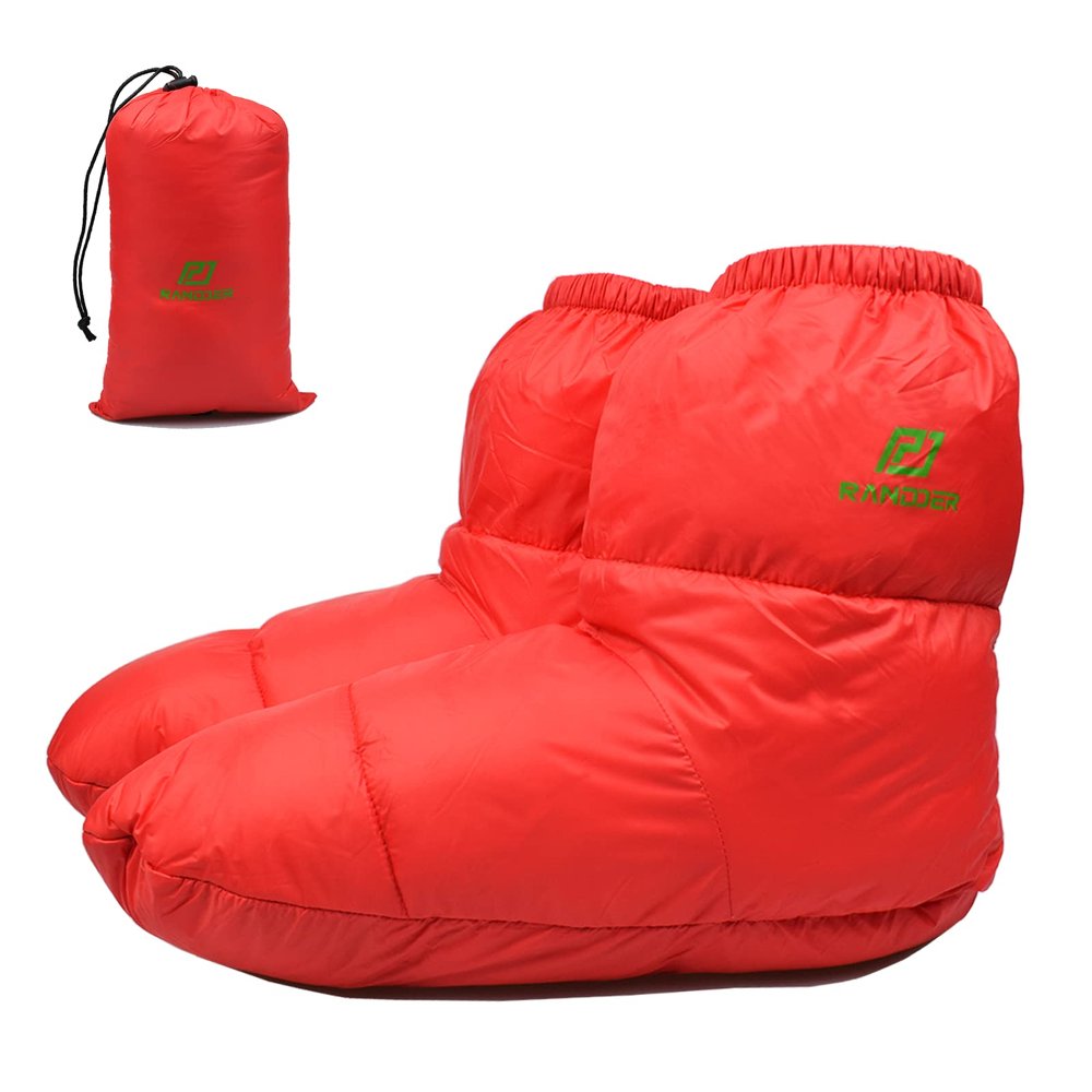 RANDDER Down Booties Warm Socks for Men & Women - Ultralight Sleeping Sock for Camp, Backpacking - Soft & Cozy Camping Sleeping Bag Tent Down Slippers Foot Warmer(Red/Medium)