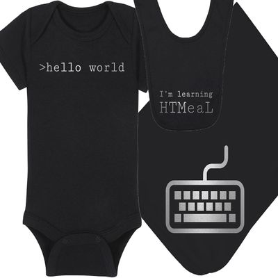 Techie Baby Onesie and Hat - >hello world - Tiny Techie (3-6 Month - Black Fabric - Silver Design)