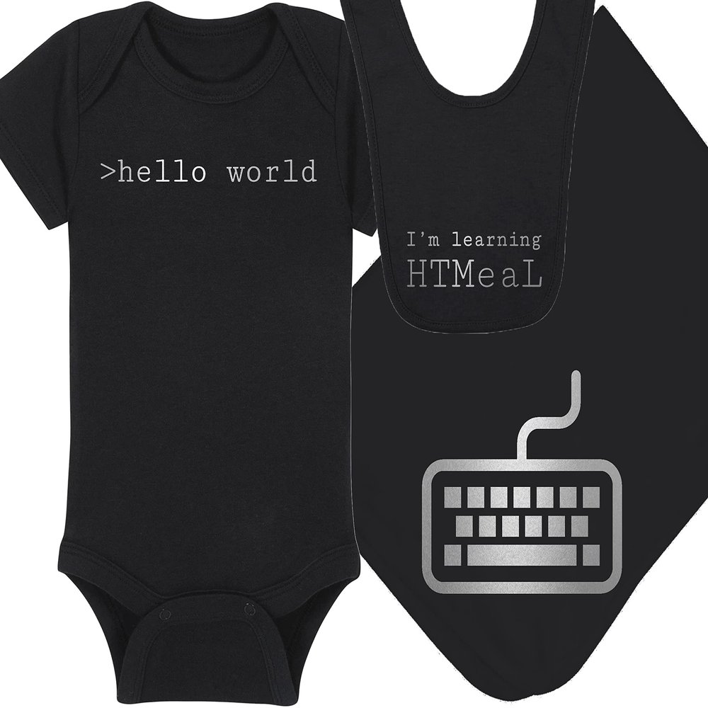 Techie Baby Onesie and Hat - >hello world - Tiny Techie (3-6 Month - Black Fabric - Silver Design)