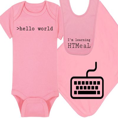 Techie Baby Onesie and Hat - >hello world - Tiny Techie (3-6 Month - Pink Fabric - Black Design)
