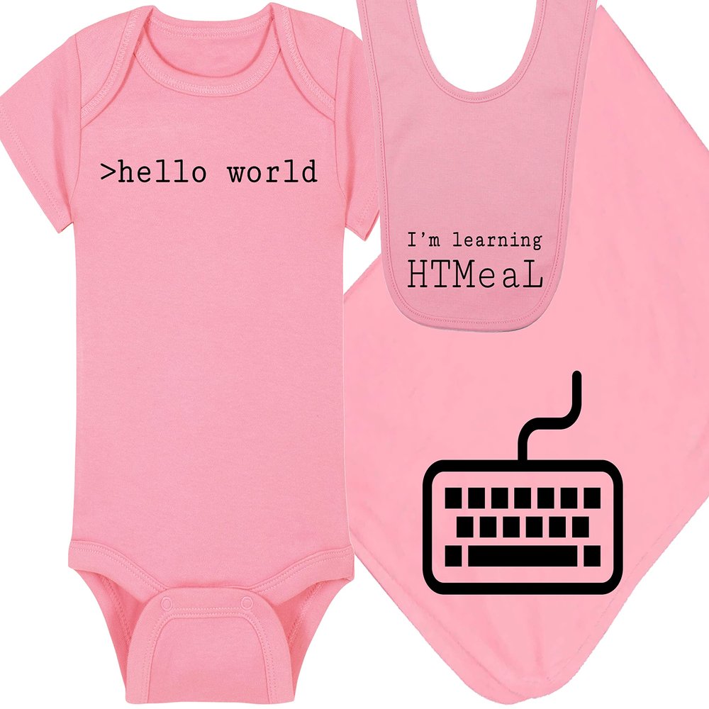 Techie Baby Onesie and Hat - >hello world - Tiny Techie (3-6 Month - Pink Fabric - Black Design)