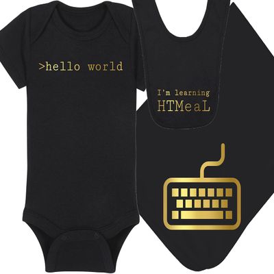 Techie Baby Onesie and Bib - >hello world - I'm Learning HTMeaL (12-18 Month - Black Fabric - Gold Design)