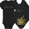 Techie Baby Onesie and Bib - >hello world - I'm Learning HTMeaL (12-18 Month - Black Fabric - Gold Design) view 1