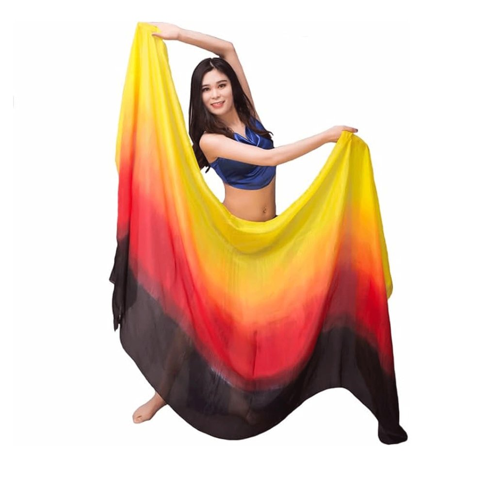 Aumulen 8mm Hand-made Belly Dance Silk Scarf Veils for Women Gradual Colors 98"x45"(Balck red yellow)