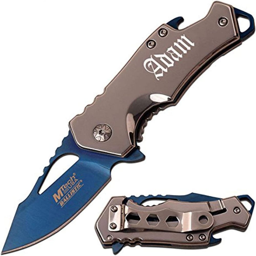 GIFTS INFINITY Laser Engraving Stainless Steel Pocket Knife 3" with Bottle Openor for Camping, Fishing, Hiking & Everyday use Gift for Men & Women Christmas - Silver Blue